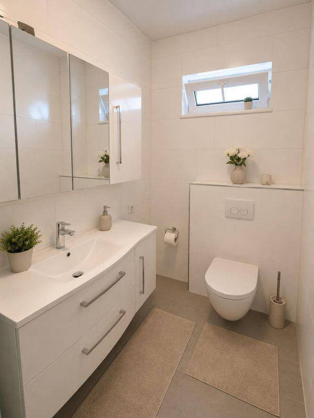 Helles Badezimmer mit Waschtisch, wandhängendem WC und Fenster für Tageslicht.