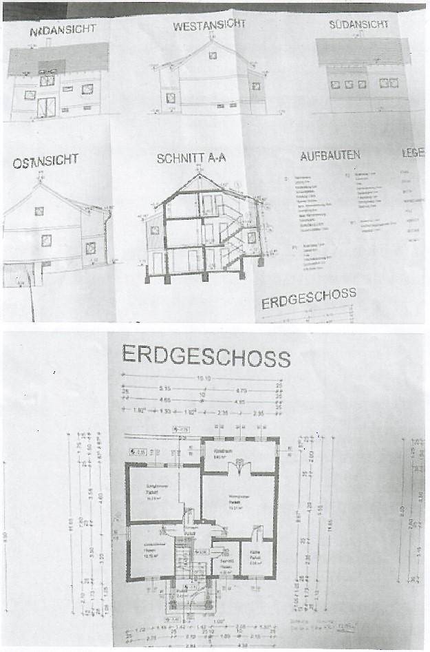 Architektonische Ansichten und Grundriss des Erdgeschosses mit Details.
