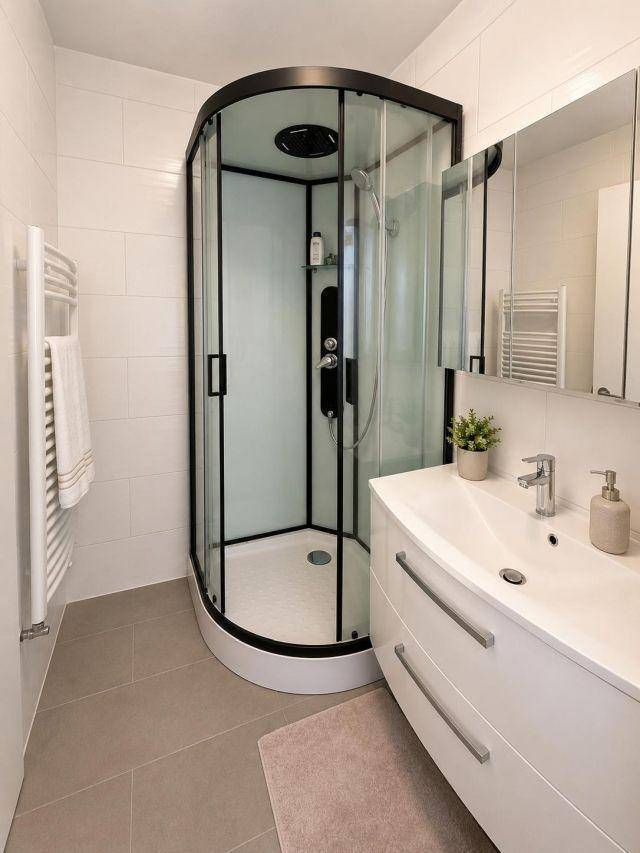 Modernes Badezimmer mit Duschkabine, Waschtisch und beheiztem Handtuchhalter.