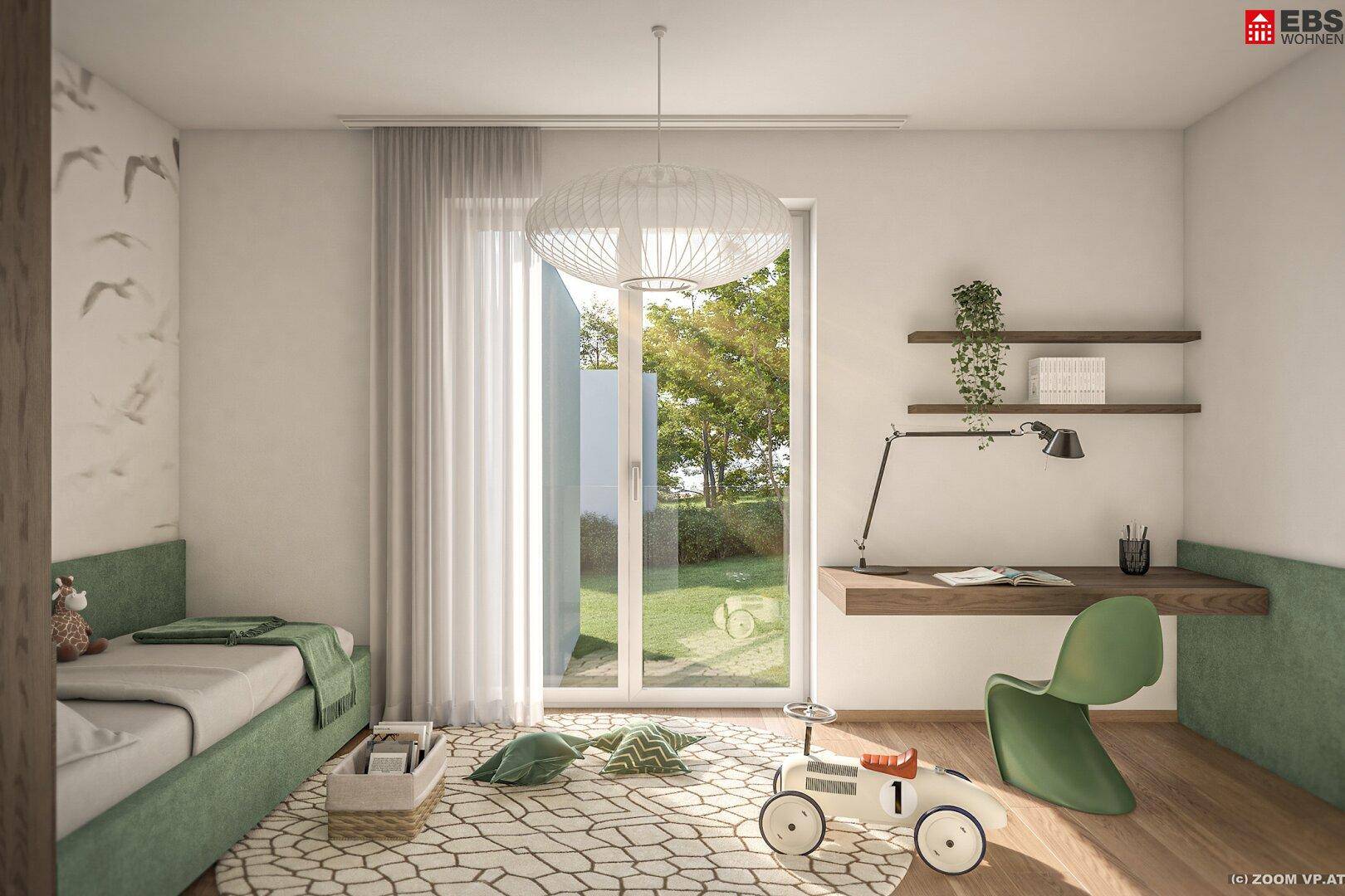 Kinderzimmer mit Schreibtisch, grünem Akzent und Zugang zum Garten.