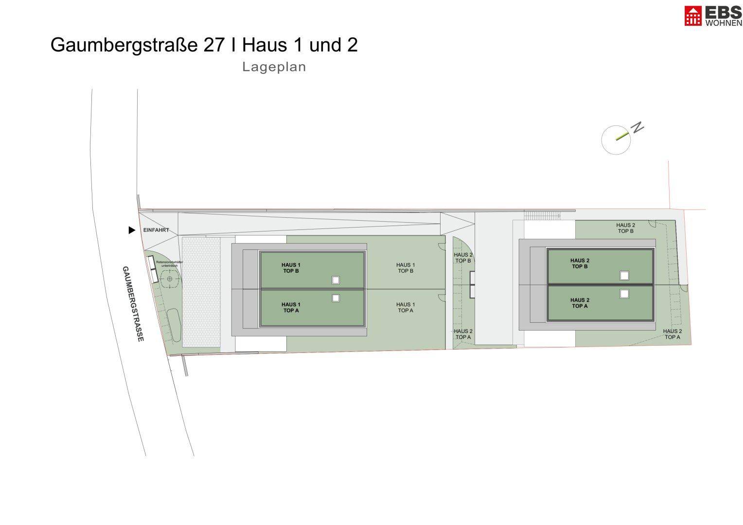 Lageplan der Häuser 1 und 2 mit Zufahrt, Gärten und Parkmöglichkeiten.