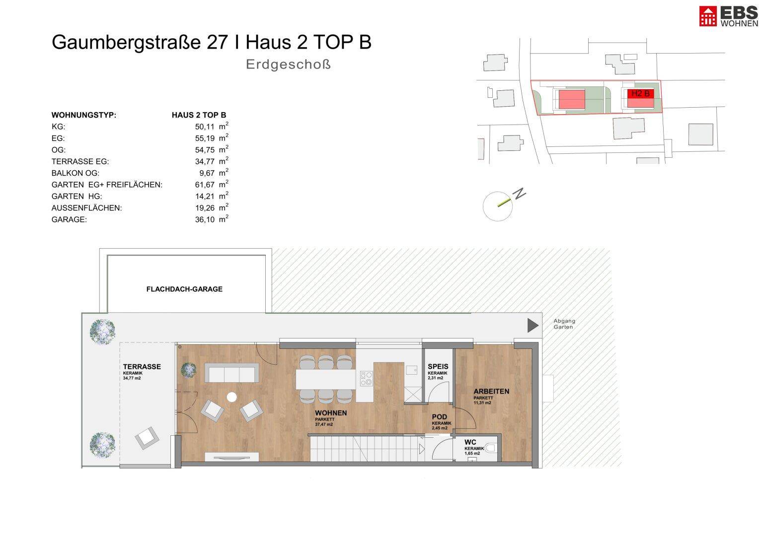 Grundriss des Erdgeschosses mit offenem Wohn-Essbereich, Küche, Büro und großer Terrasse.
