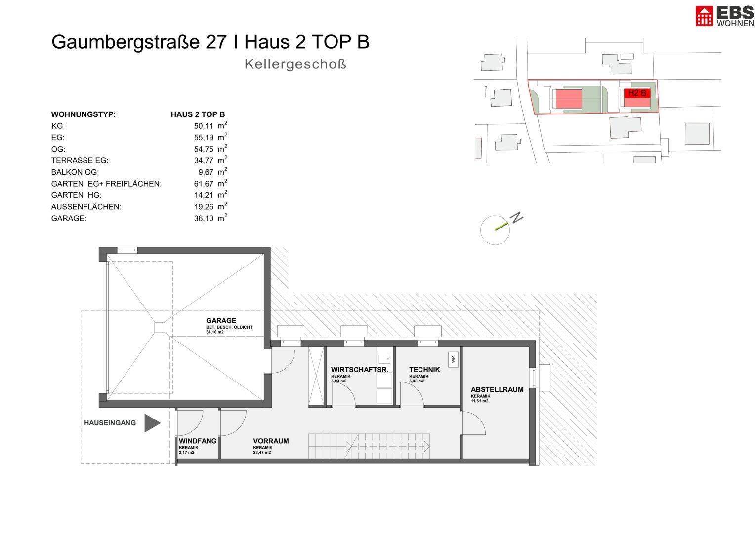 Grundriss des Kellergeschosses mit Garage, Technikraum und Abstellflächen.