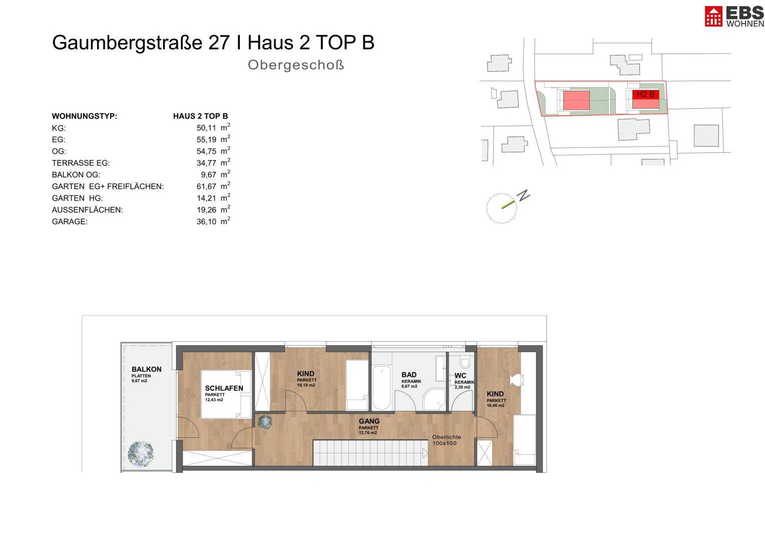 Grundriss des Obergeschosses mit Schlafzimmern, Badezimmer, separatem WC und Balkon.