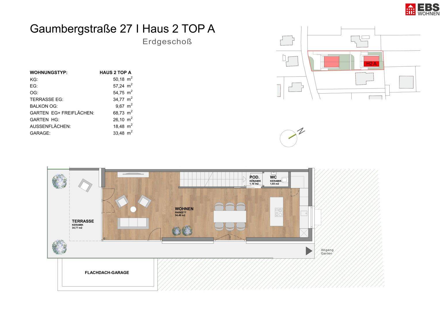 Grundriss des Erdgeschosses mit offenem Wohnbereich, Essbereich, Küche, Terrasse und Gäste-WC.