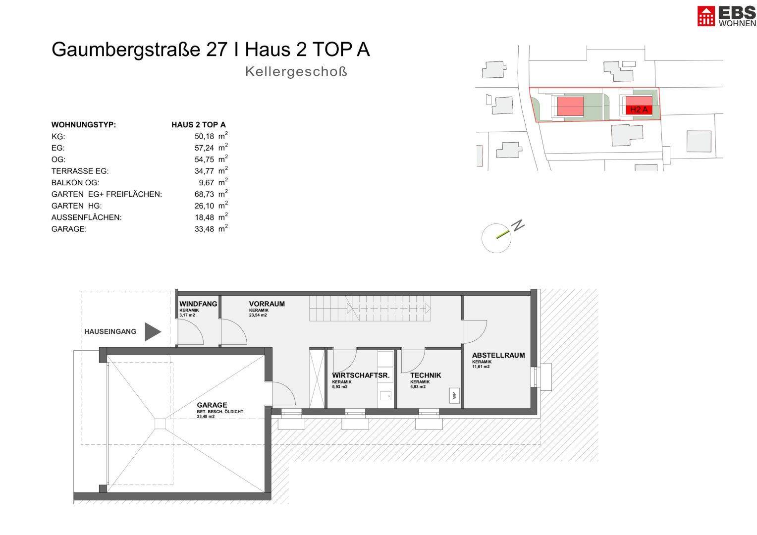 Grundriss des Kellergeschosses mit Garage, Windfang, Vorraum, Wirtschaftsraum, Technik und Abstellraum.