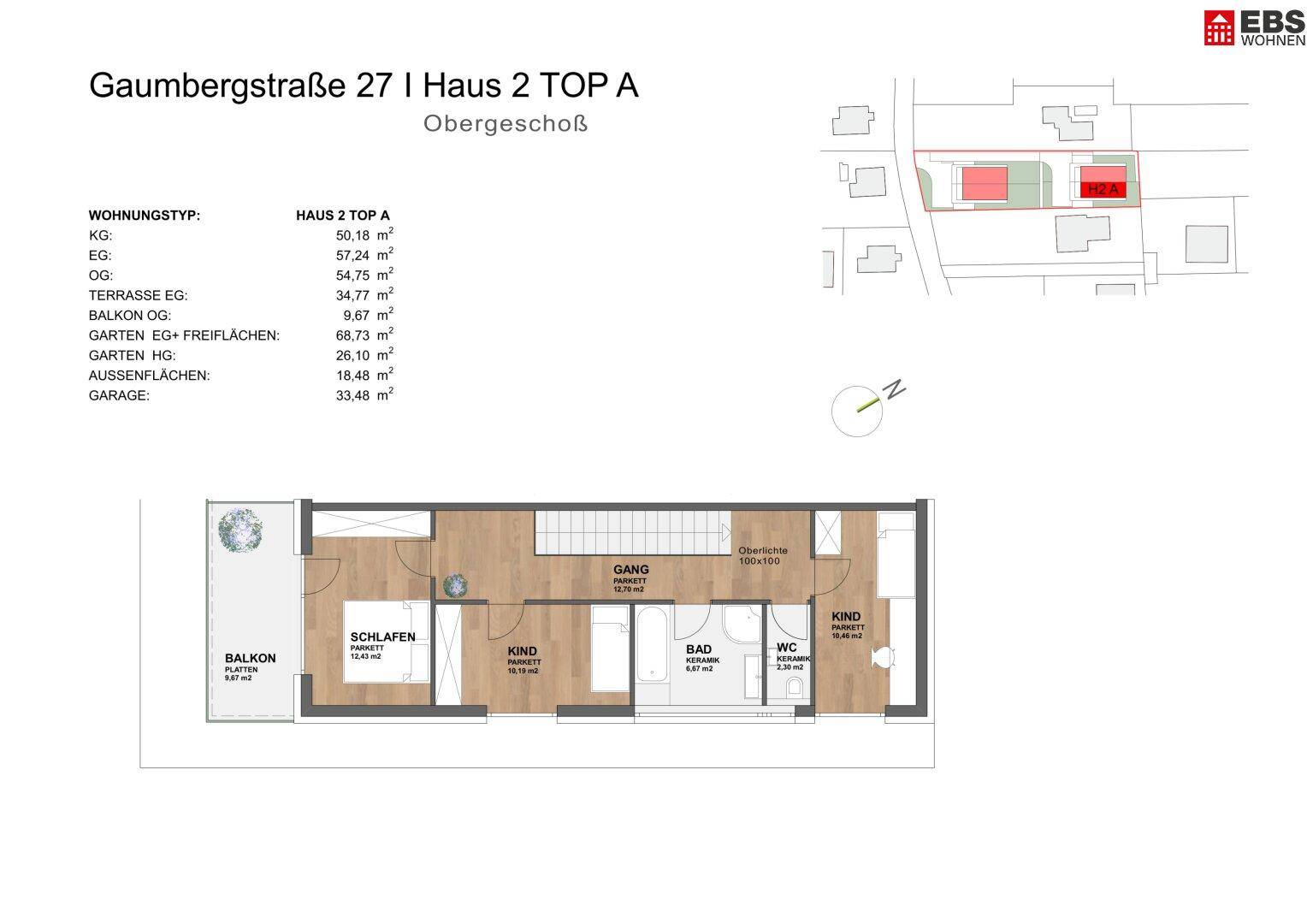 Grundriss des Obergeschosses mit Schlafzimmern, Bad, WC und Zugang zum Balkon.