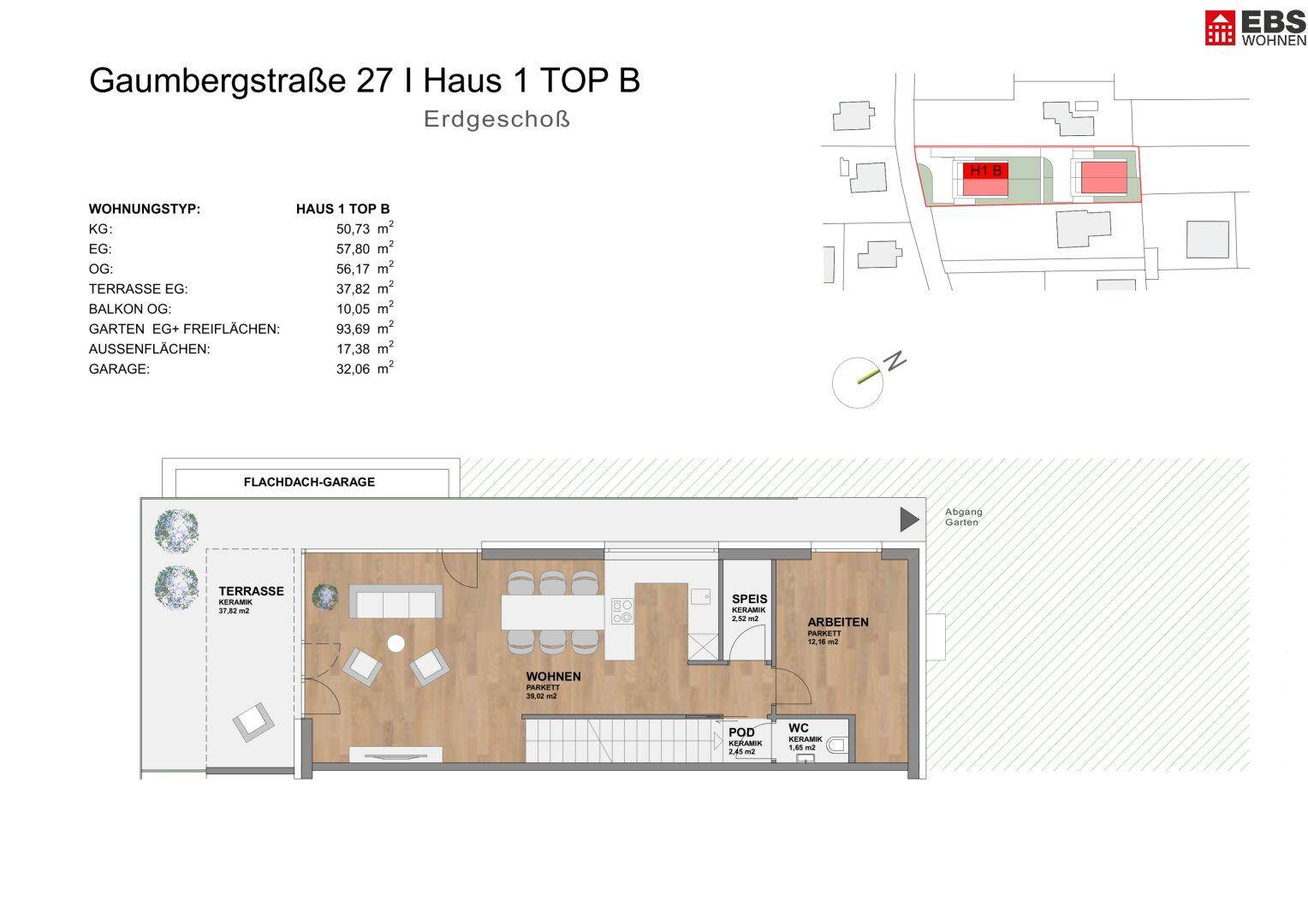 Grundriss des Erdgeschosses mit offenem Wohnbereich, Terrasse und Garten.