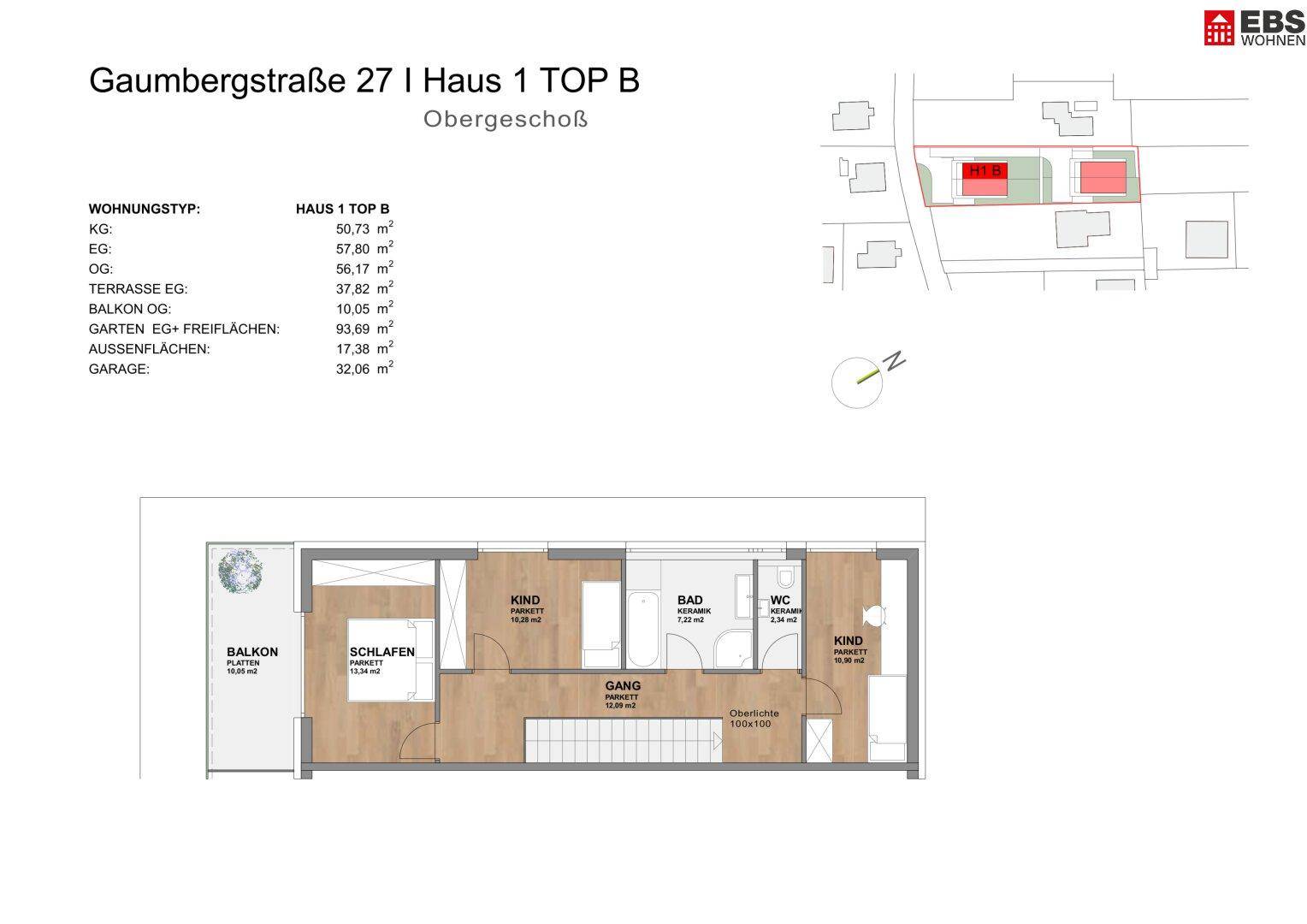 Grundriss des Obergeschosses mit Schlafzimmern, Bad und Balkonzugang.