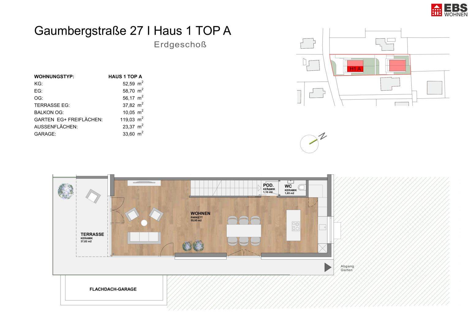 Grundriss des Erdgeschosses mit offenem Wohnbereich, Terrasse und Gäste-WC.