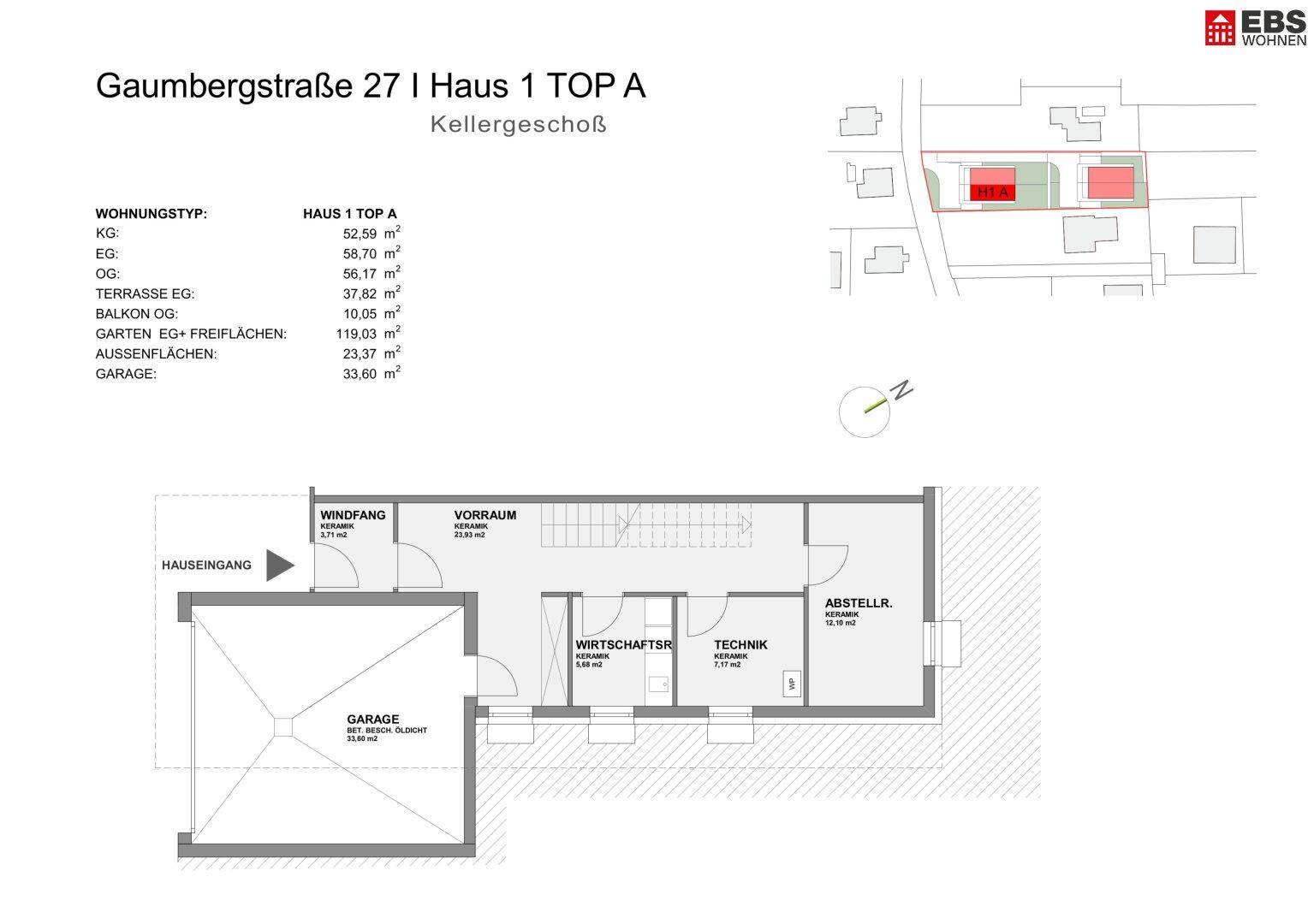 Grundriss des Kellergeschosses mit Garage, Technikraum und Abstellraum.