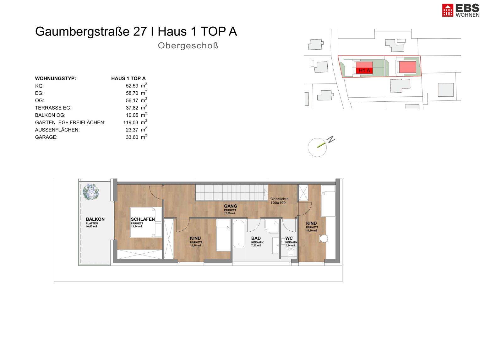 Grundriss des Obergeschosses mit Schlafzimmern, Bad, WC und Balkon.