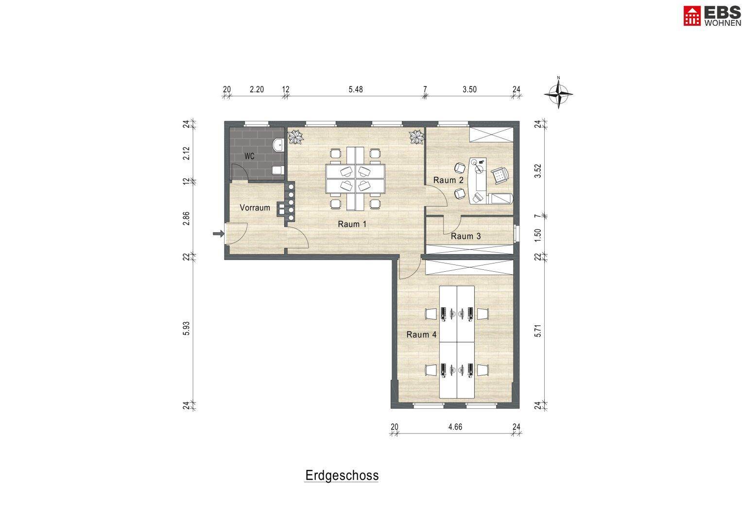 Grundriss des Erdgeschosses mit mehreren Räumen, einem Vorraum und einer Gästetoilette.