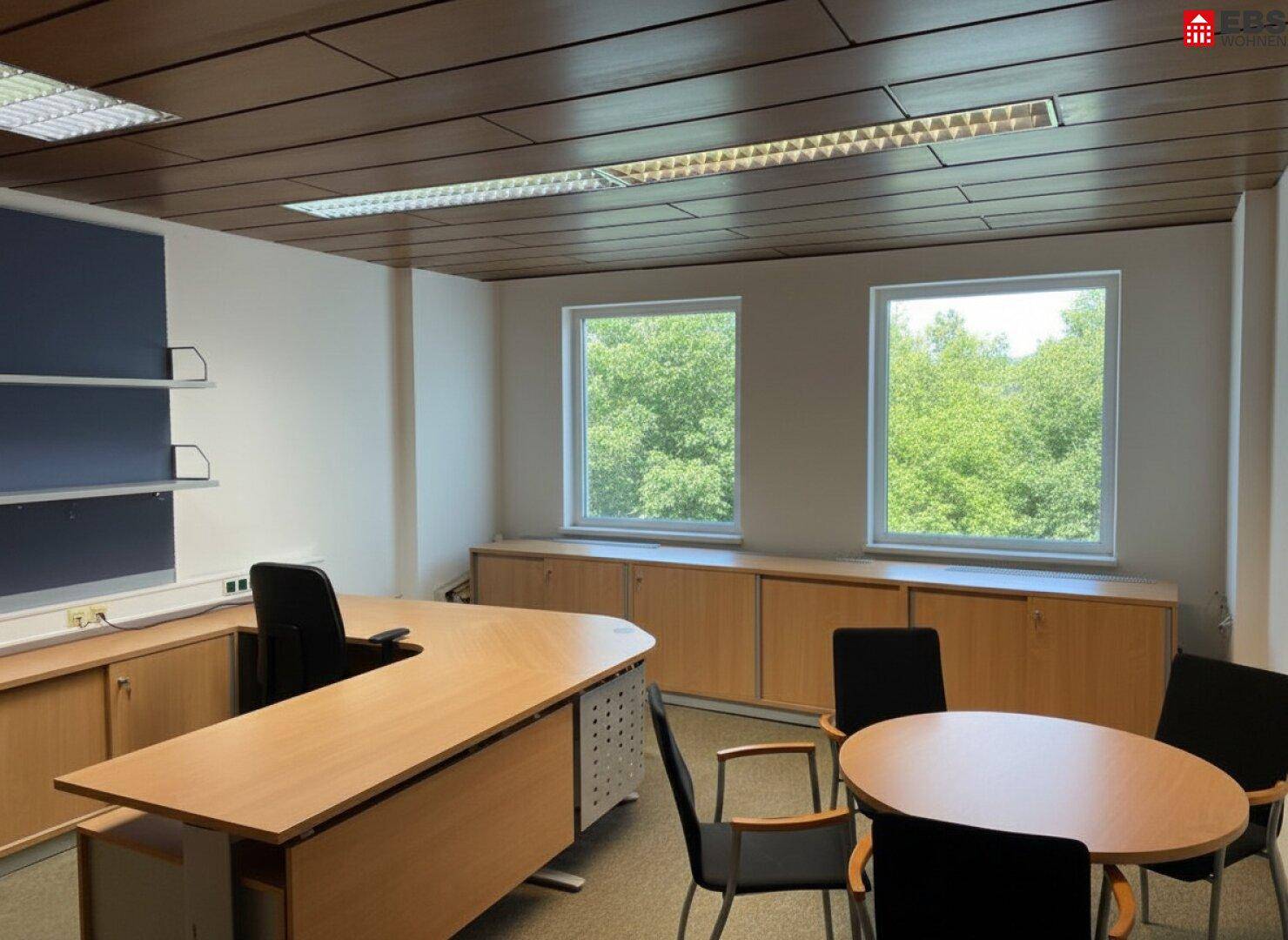 Helles Büro mit Holzdecke, Schreibtischen und Blick ins Grüne durch große Fenster.