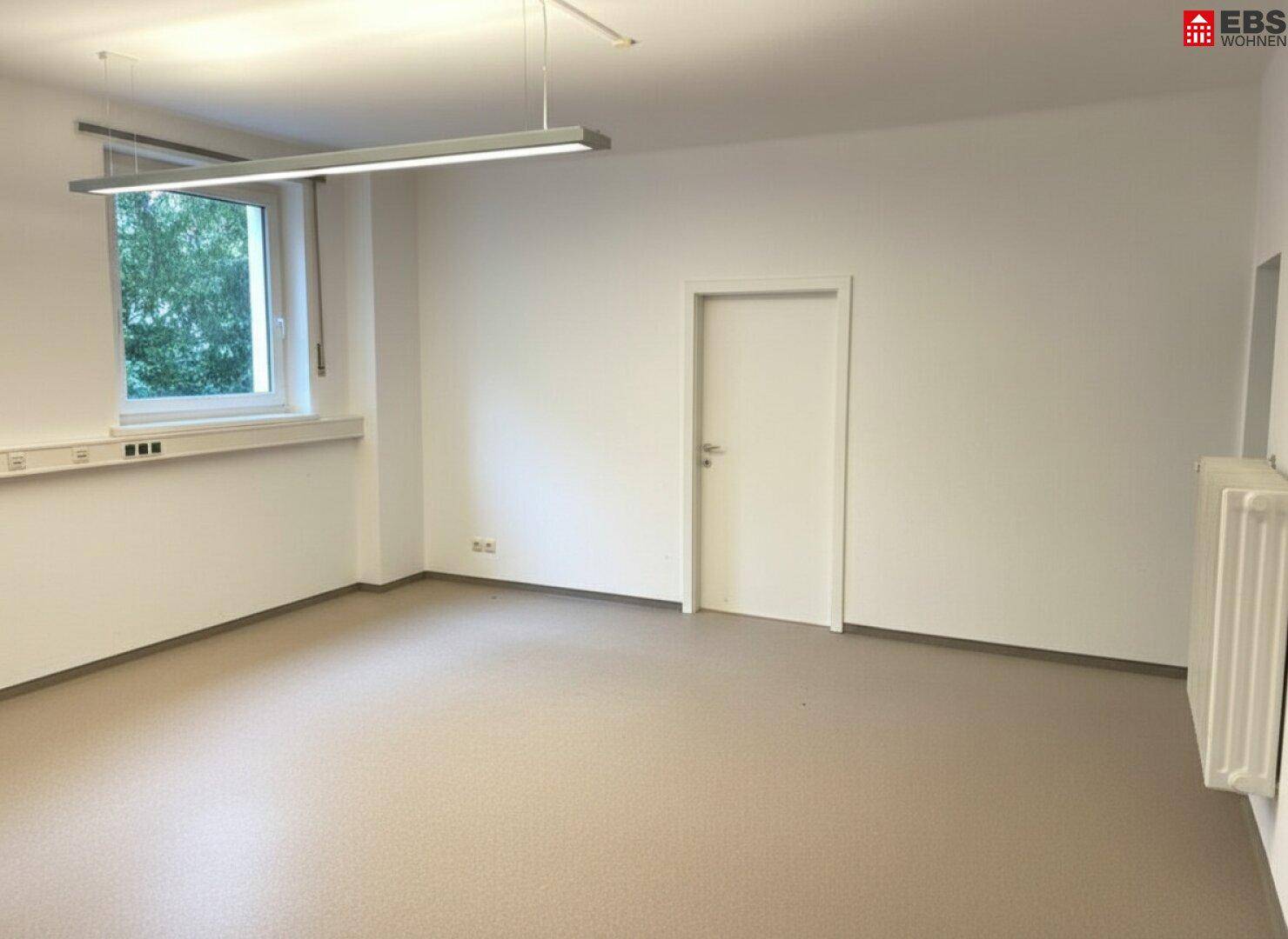Leeres Büro mit Teppichboden, weiß gestrichenen Wänden und einem Fenster.