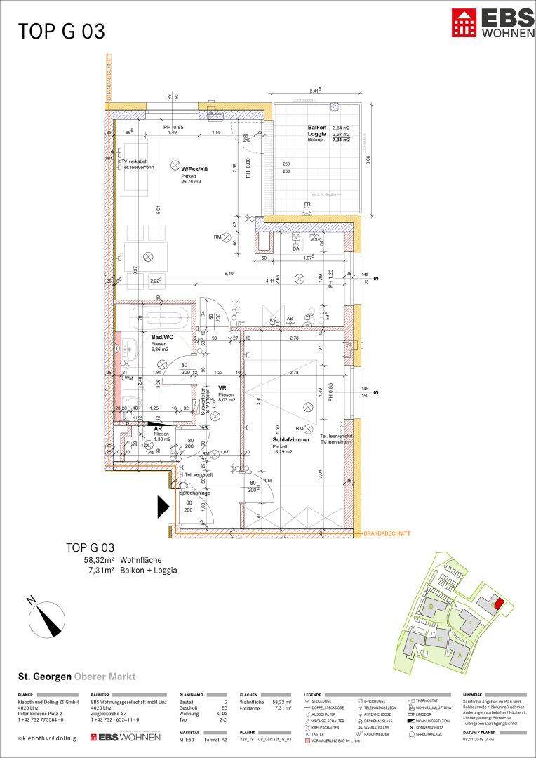 Grundriss der Wohnung TOP G 03 mit 58,32m² Wohnfläche und Loggia.