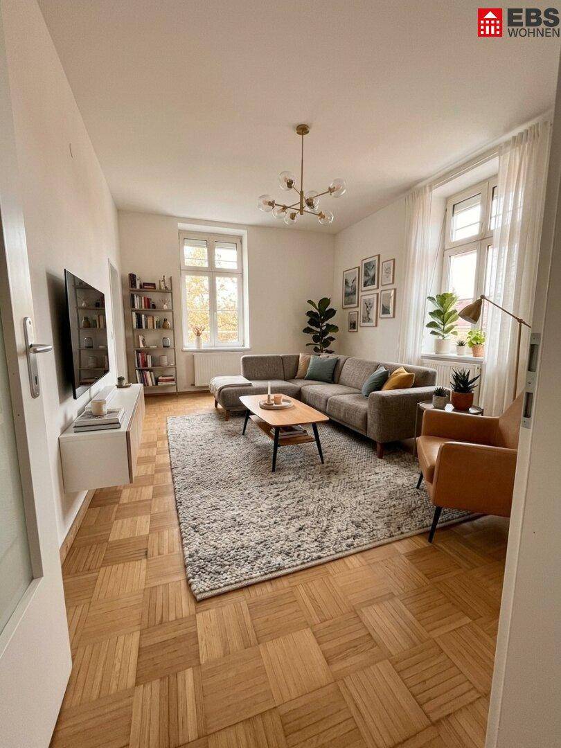 Gemütliches Wohnzimmer mit Parkettboden, bequemer Couch und großen Fenstern.