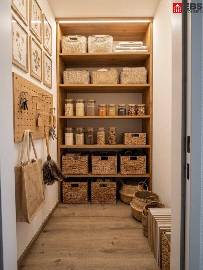 Gut organisierte Speisekammer mit Holzregalen und praktischen Aufbewahrungskörben.
