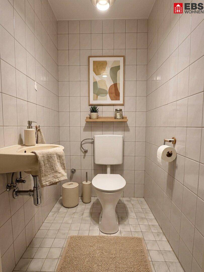 Separates WC mit weißen Fliesen, wandmontierter Toilette und kleinem Waschbecken.