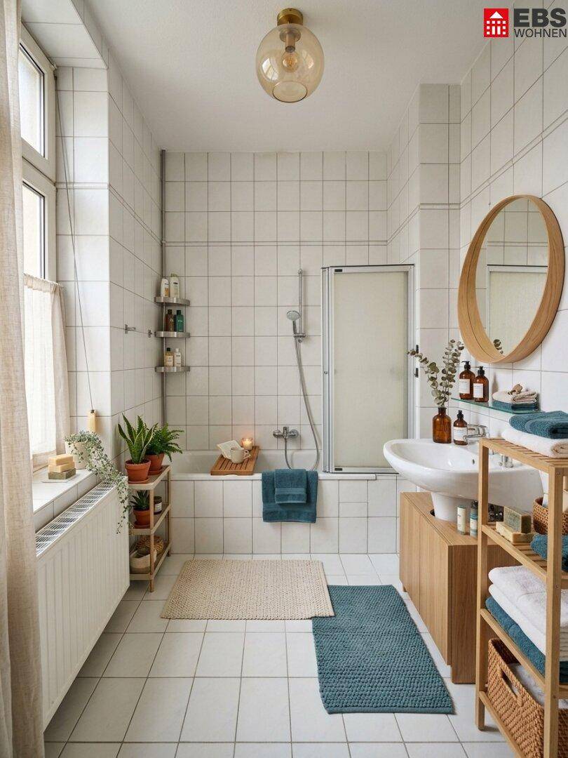 Helles Badezimmer mit weißen Fliesen, Badewanne und Fenster.