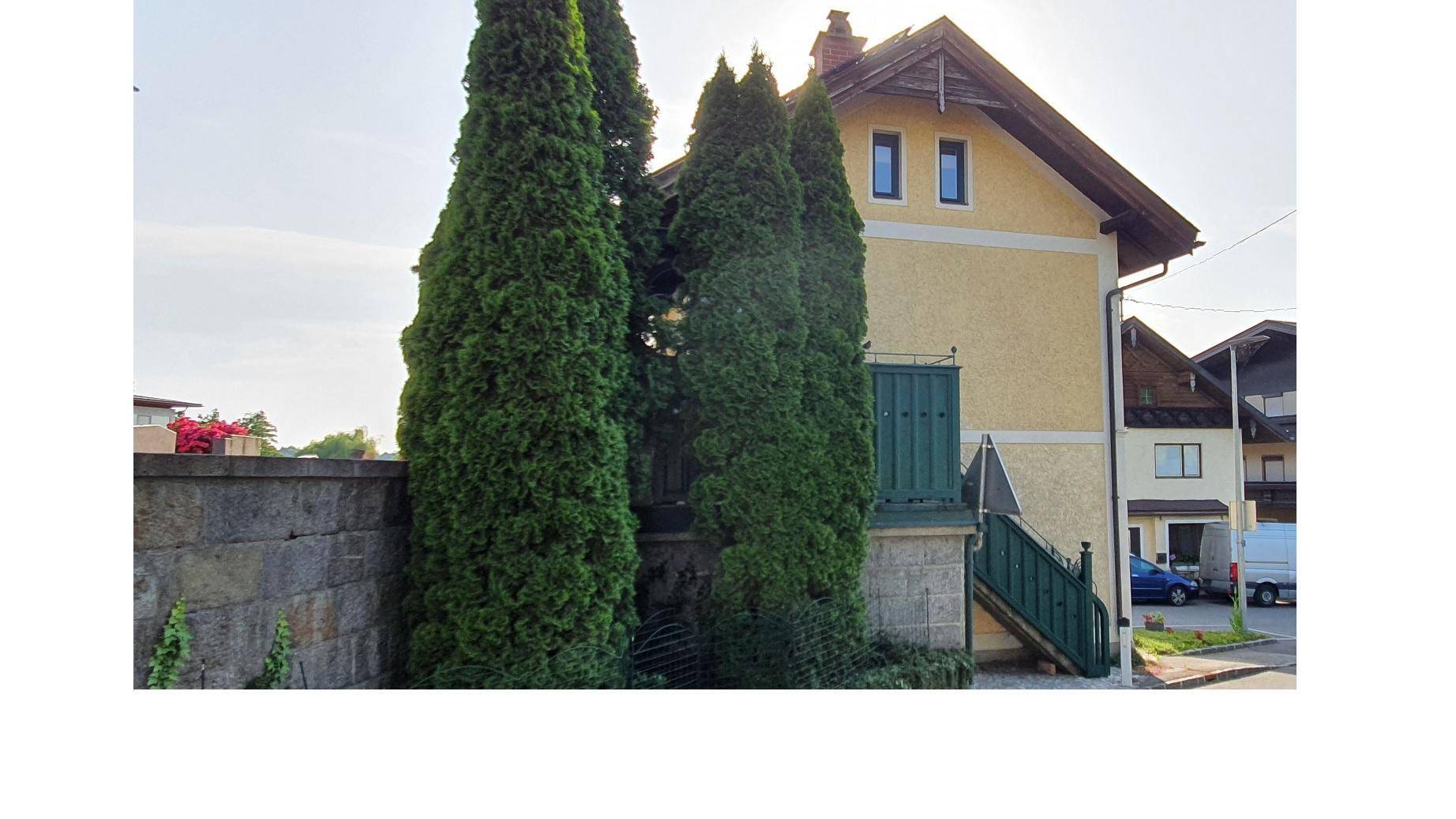 Seitenansicht des Hauses mit hohen Zypressen und einer robusten Steinmauer, umgeben von Grün.
