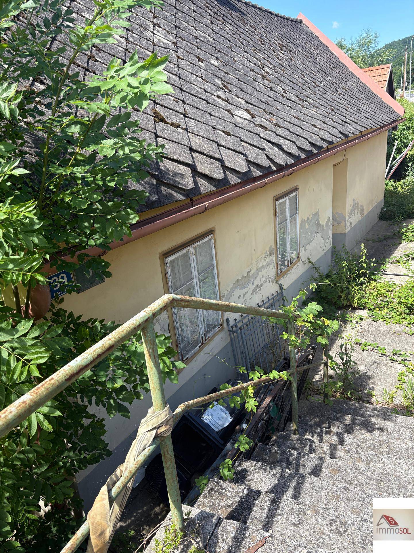 Alte Hausfassade mit verwittertem Dach und überwucherten Treppen, die zum Eingang führen.