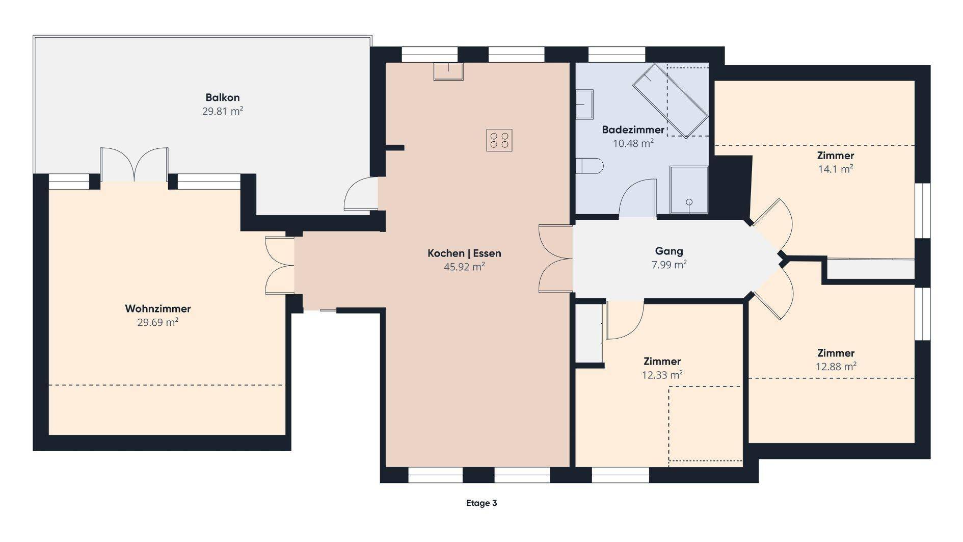 Grundriss der dritten Etage mit Wohnzimmer, offener Küche, Bad und drei weiteren Zimmern sowie einem großen Balkon.