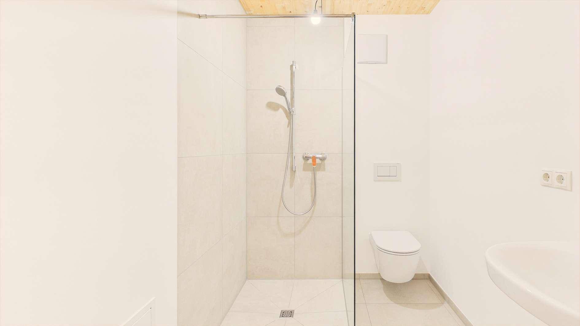 Modernes Badezimmer mit begehbarer Dusche, wandhängendem WC und Waschbecken, unter einer Holzlamellendecke.
