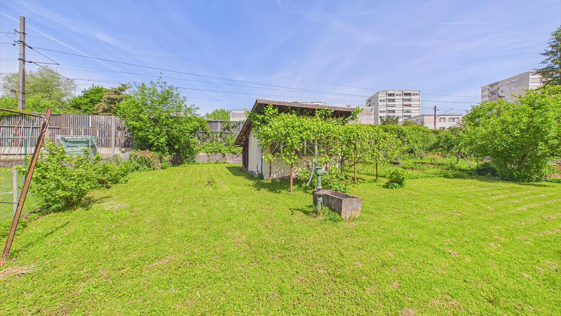 Großer Garten mit Rasenfläche, einem kleinen Schuppen und viel Grün in städtischer Umgebung.