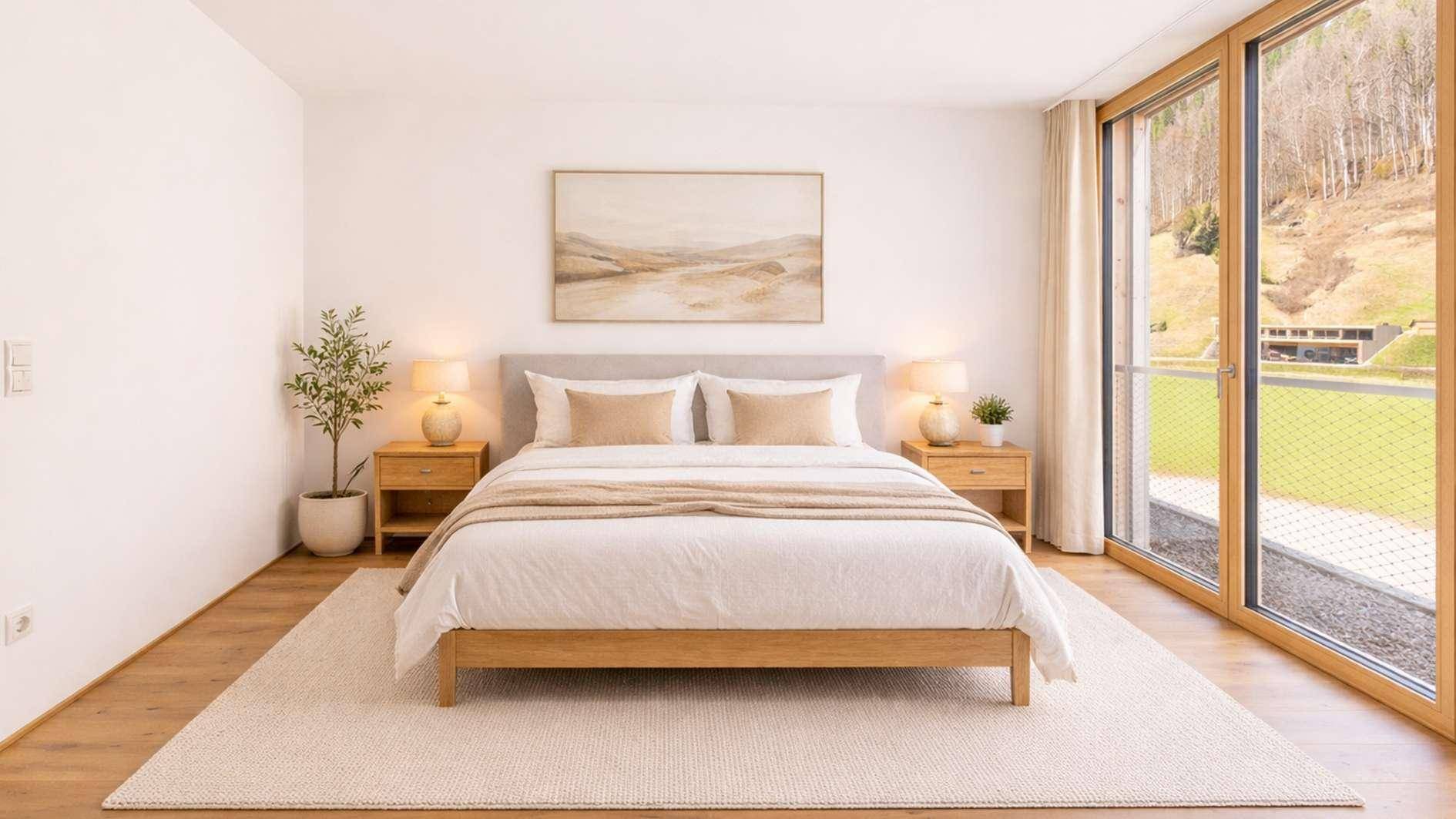 Gemütliches Schlafzimmer mit Holzboden, Doppelbett und großen Fenstern mit Blick ins Grüne.