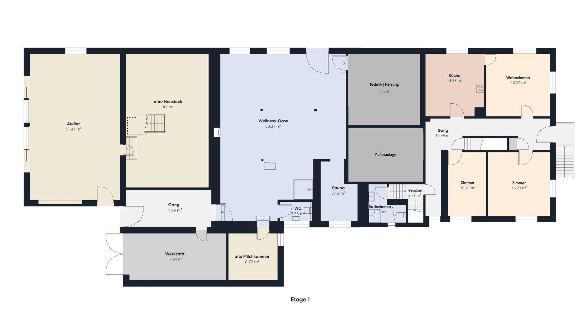 Grundriss der Etage 1 mit Atelier, Wellness-Oase, Sauna, Küche und Wohnzimmer.