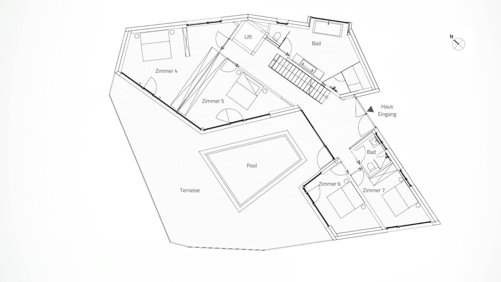 Grundriss des Schlafgeschosses mit mehreren Zimmern, Bädern und einer Terrasse mit Pool.