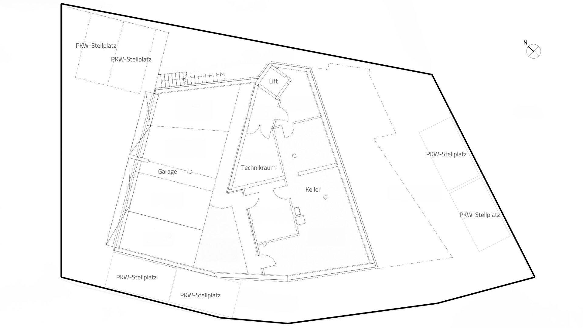 Grundriss des Untergeschosses mit Garage, Technikraum, Keller und PKW-Stellplätzen.