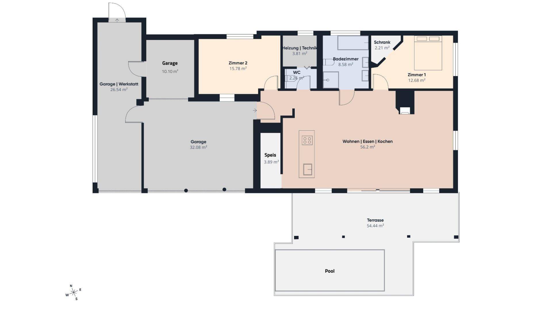 Grundriss des Hauses mit Garage, Wohn-Essbereich, Schlafzimmern und Terrasse mit Pool.