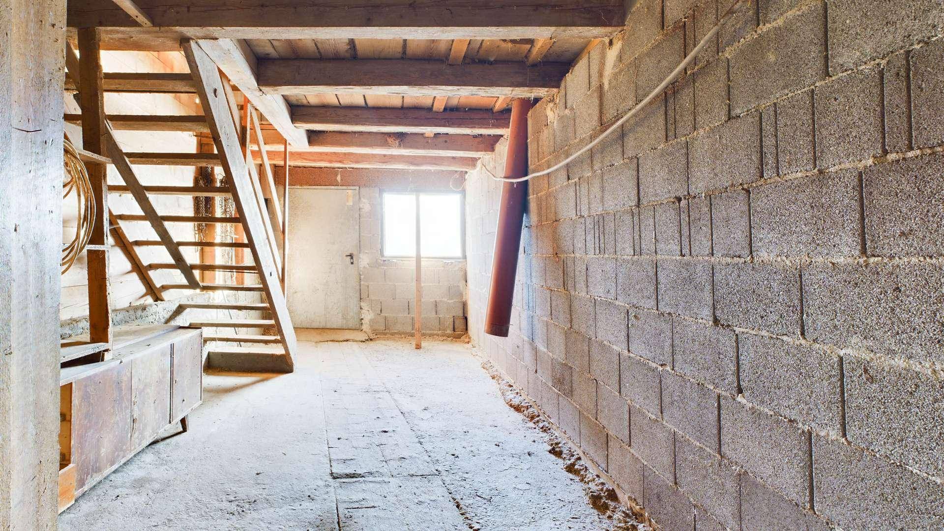 Kellerraum mit Betonsteinwänden, Holztreppe und kleinem Fenster, bietet Stauraum.