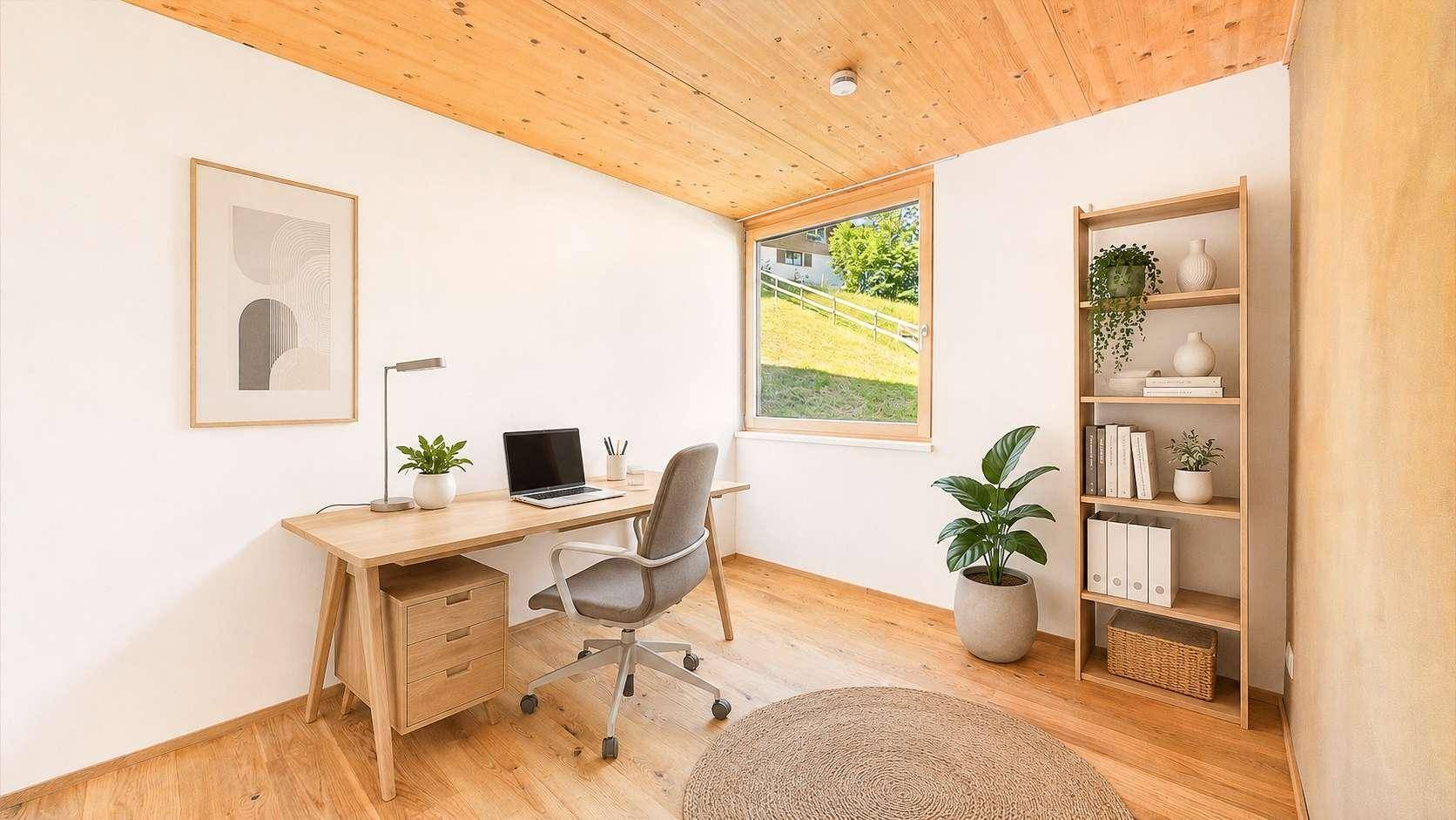 Modernes Arbeitszimmer mit Holzboden, Bücherregal und Fenster mit Blick ins Grüne.