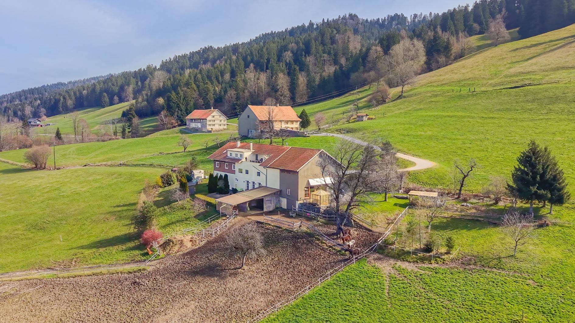 Weitläufiges Grundstück mit mehreren Gebäuden eingebettet in die sanfte Hügellandschaft der Region.