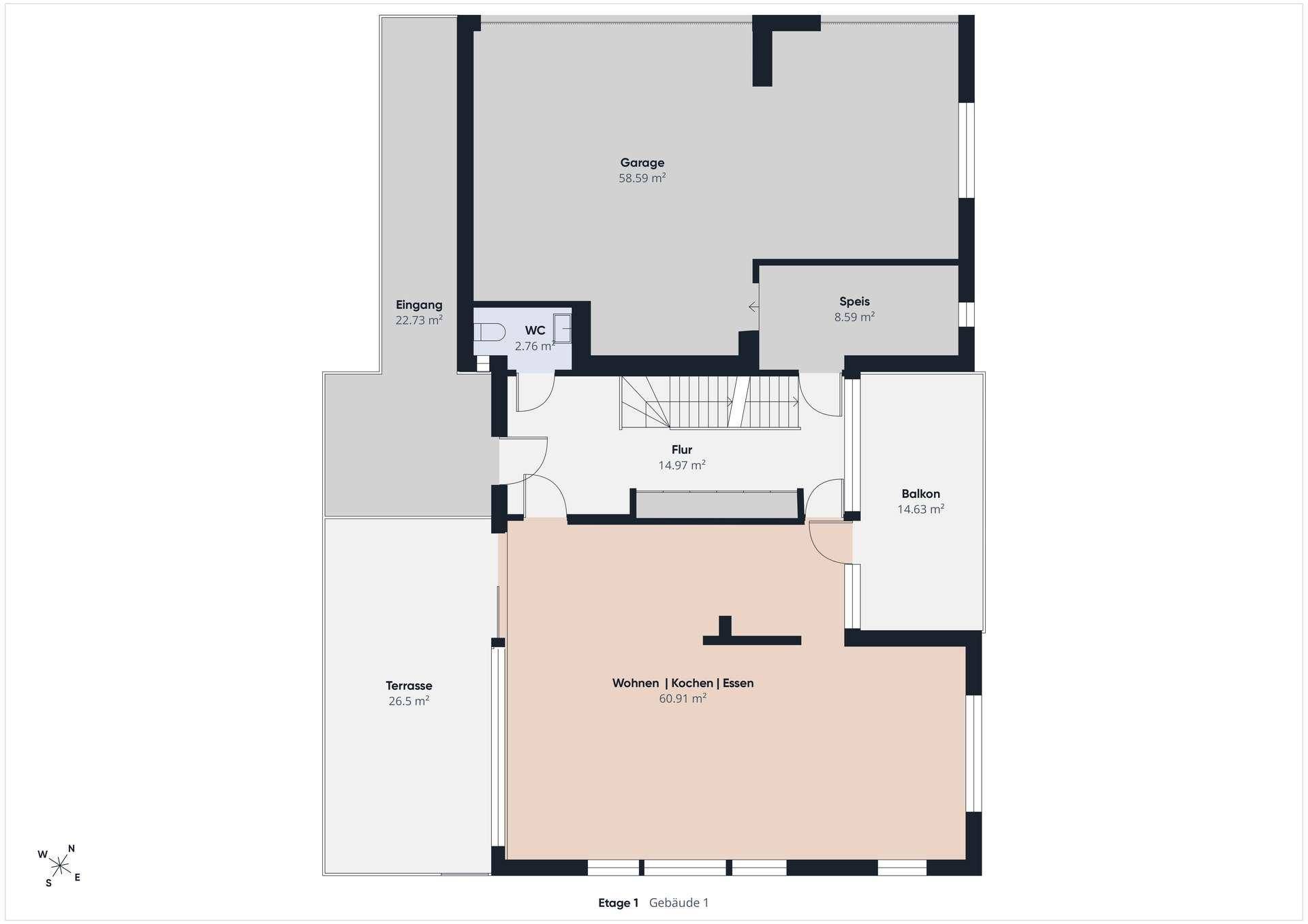 Grundriss der Etage 1 mit offenem Wohn-Koch-Essbereich, Garage, WC, Balkon und Terrasse.