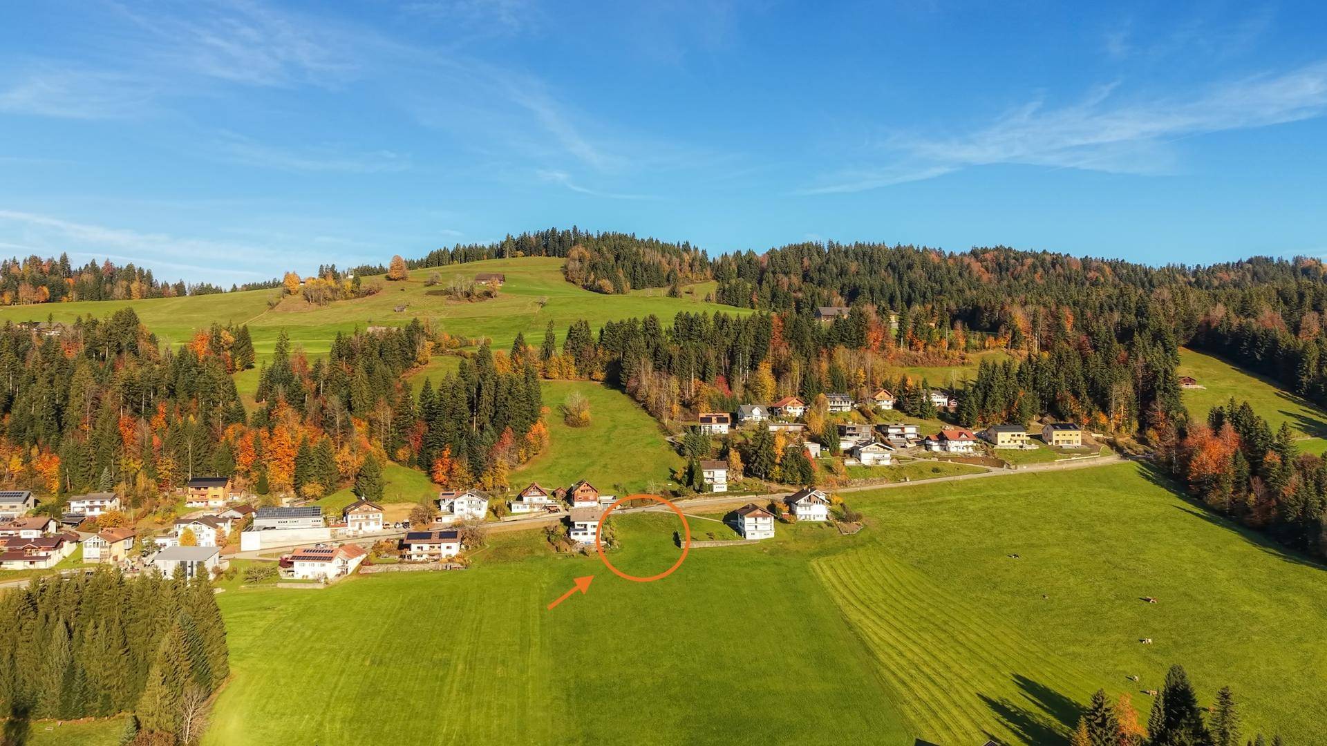 Luftaufnahme einer ländlichen Gegend mit Häusern, Wiesen und Wäldern, wobei ein Bereich markiert ist.