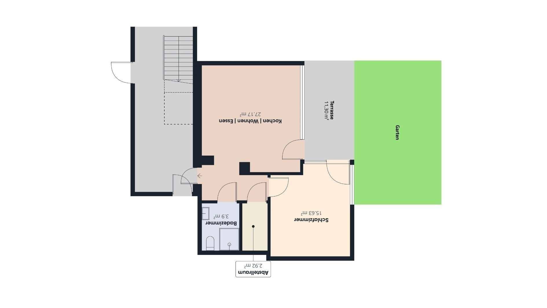 Grundriss zeigt eine Wohnung mit offenem Wohn-Essbereich, Schlafzimmer, Bad, Abstellraum, Terrasse und Garten.