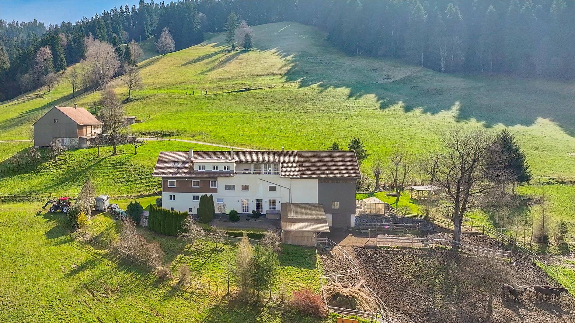 Weitläufiges Anwesen in ländlicher Umgebung mit Haupthaus, Nebengebäuden und viel Grün.