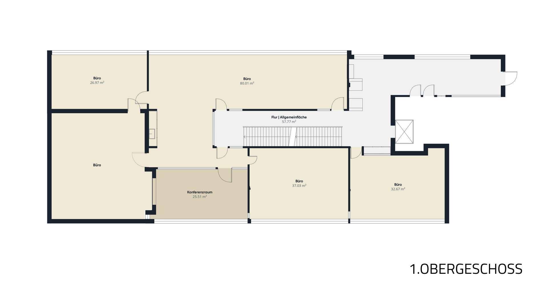 Grundriss des ersten Obergeschosses mit mehreren Büros und einem Konferenzraum.