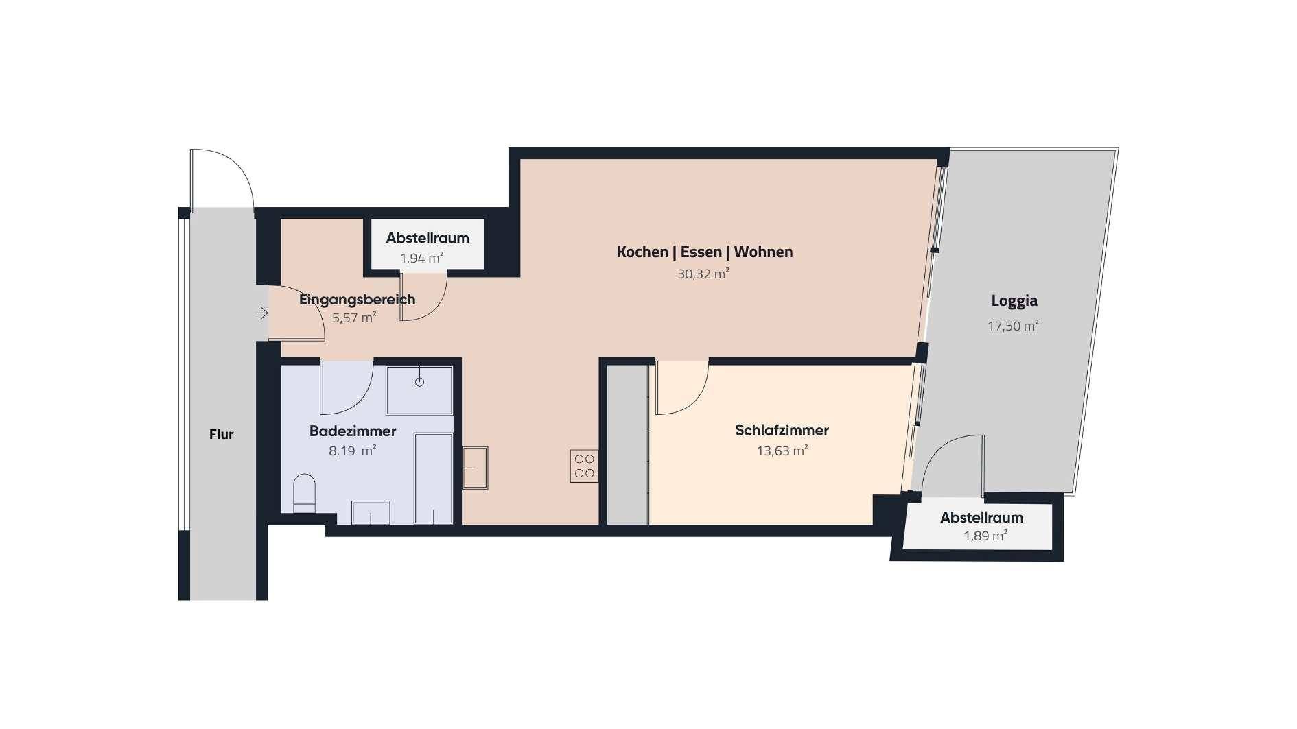 Grundriss einer Wohnung mit Wohn-, Ess- und Kochbereich sowie Loggia.