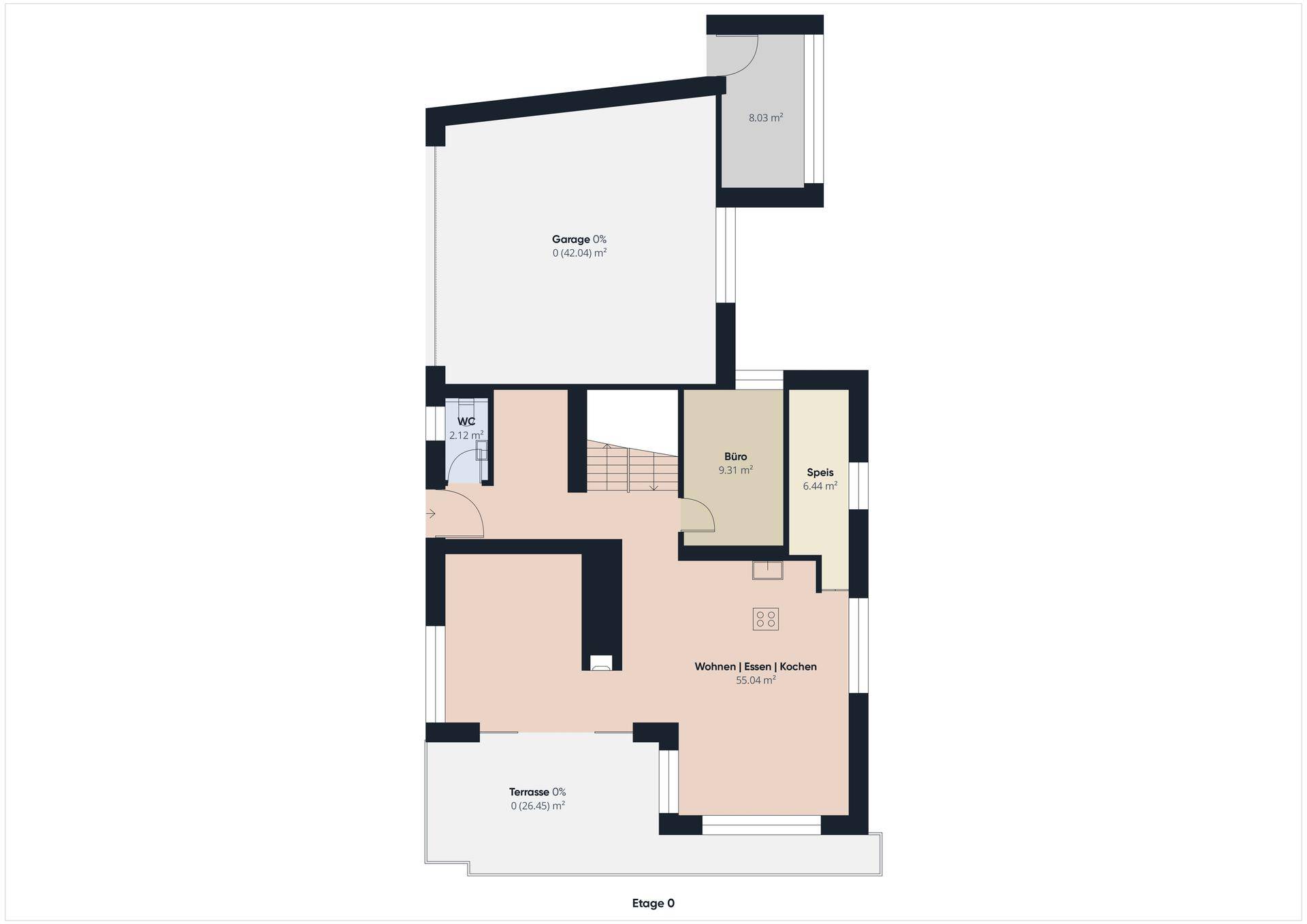 Grundriss der Etage 0 mit Garage, offenem Wohnbereich, Büro und Terrasse.