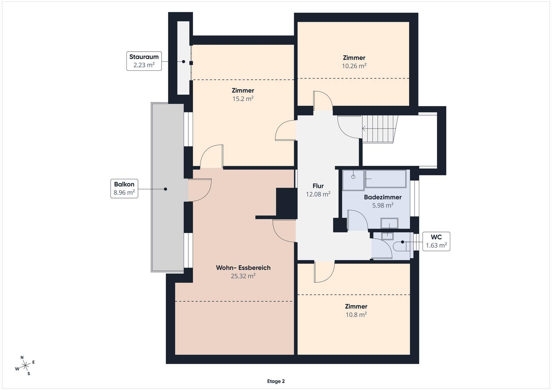 Grundriss der Etage 2 mit Wohn-Essbereich, Zimmern, Bad, WC, Balkon und zusätzlichem Stauraum.