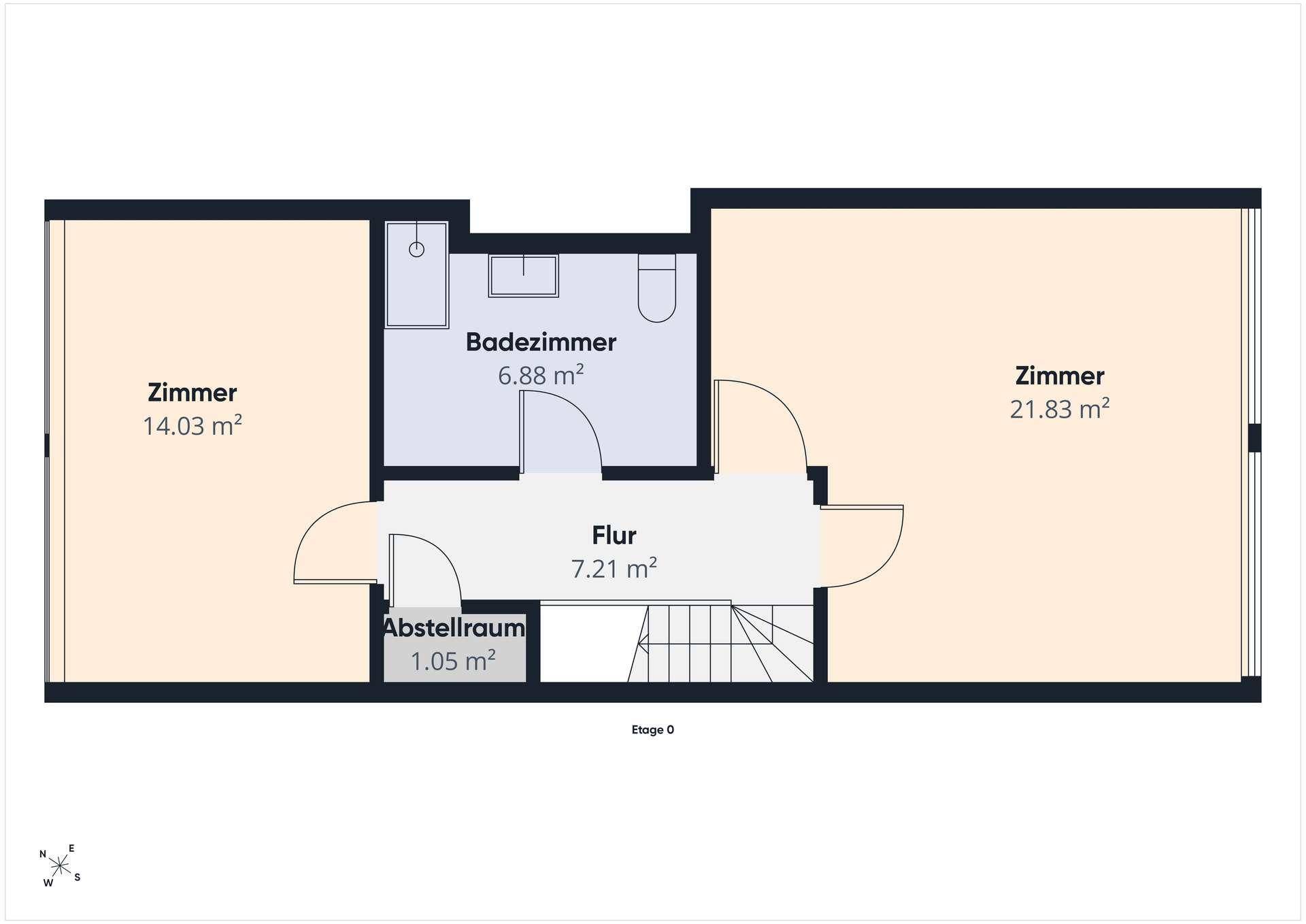 Grundriss der Etage 0 mit zwei Zimmern, Badezimmer, Flur und Abstellraum.