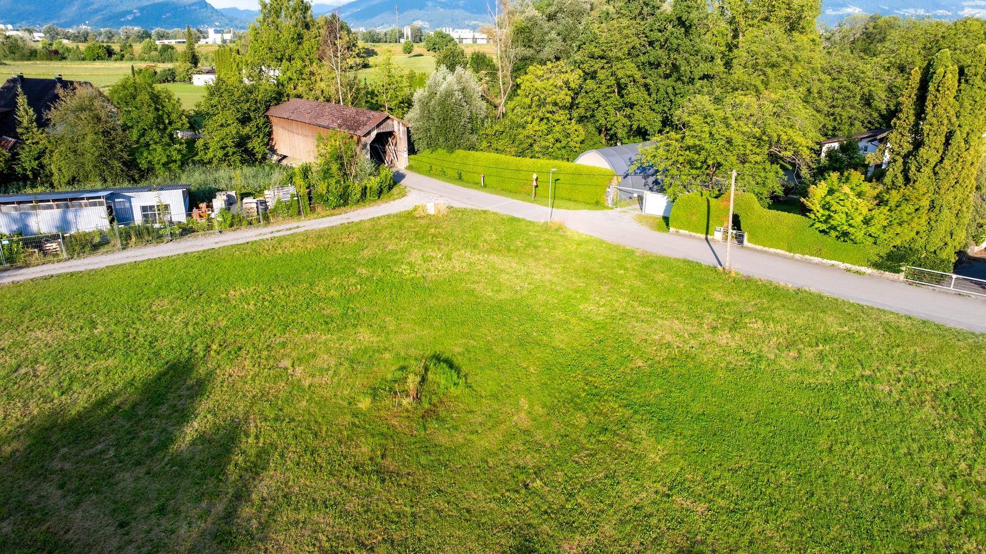 Weitläufige grüne Landschaft mit einem Baugrundstück, umgeben von Bäumen, einer Straße und einem alten Gebäude.