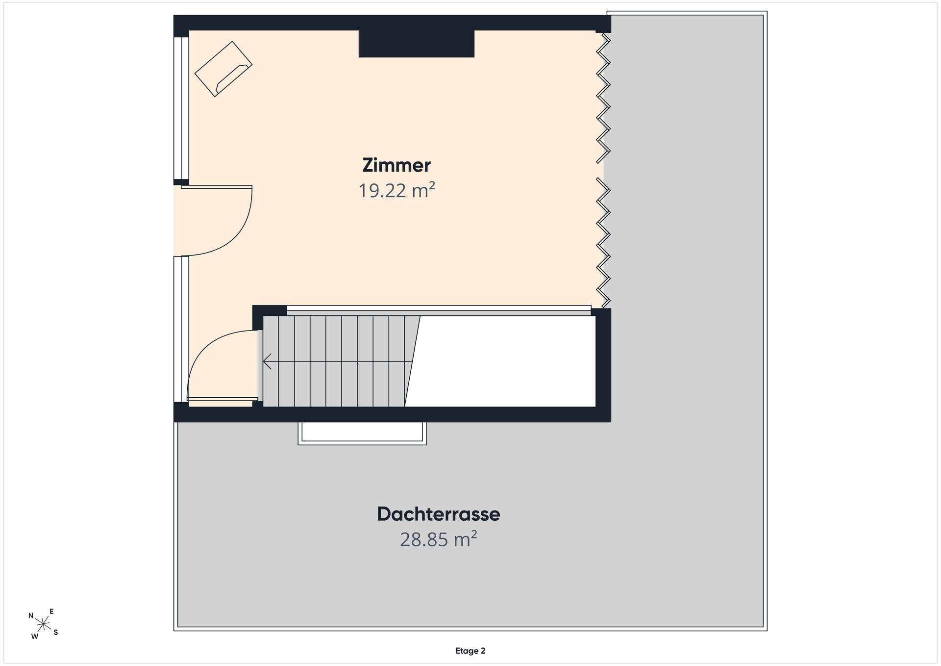 Grundriss der Etage 2 mit einem Zimmer und großer Dachterrasse.