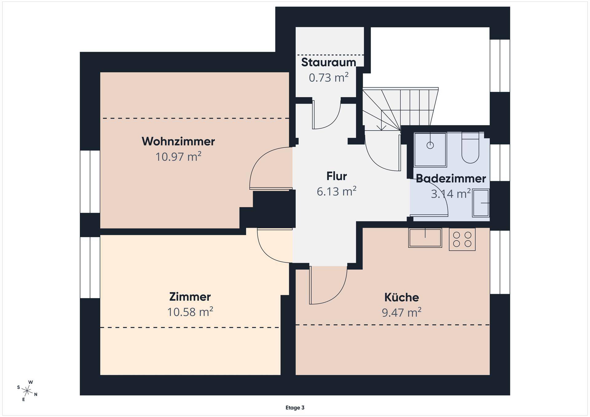 Grundriss der dritten Etage mit Wohnzimmer, Schlafzimmer, Küche, Bad und Stauraum.