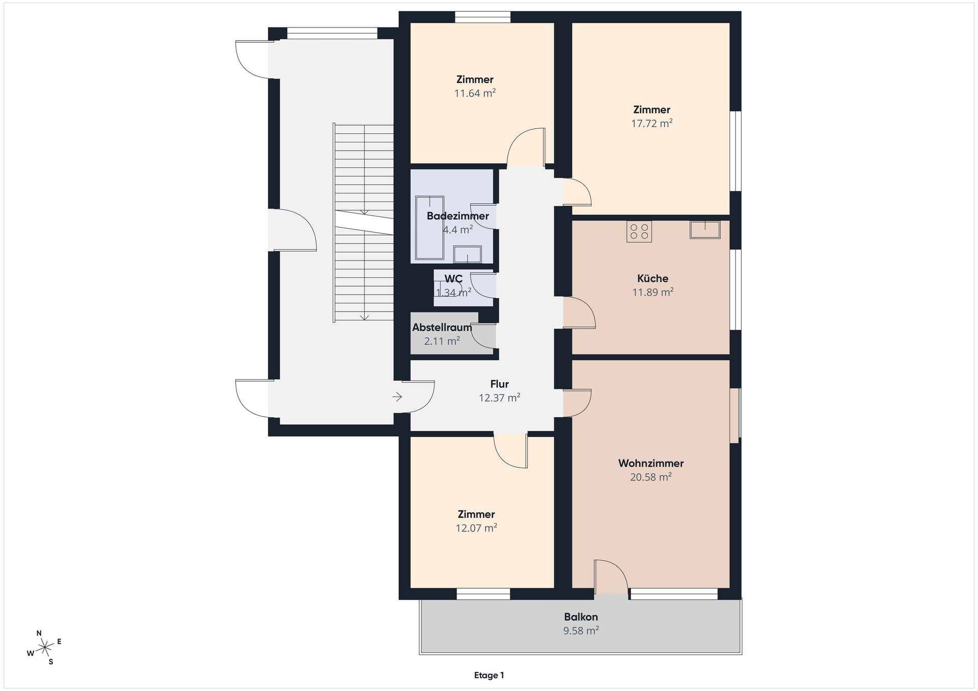 Grundriss einer Wohnung im ersten Stock mit mehreren Zimmern und Balkon.